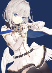  1girl absurdres bare_shoulders black_thighhighs blue_background blue_nails cowboy_shot dress elbow_gloves fingerless_gloves gloves grey_hair hair_intakes highres looking_at_viewer low_wings original riuichi short_hair simple_background solo thighhighs white_dress wings 