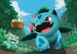  :d absurdres basket berry_(pokemon) bulbasaur claws cloud commentary_request creatures_(company) day fangs game_freak gen_1_pokemon grass happy highres ivysaur kaichi_(tomiyu25) nintendo open_mouth outdoors pokemon pokemon_(creature) signature sky smile tree 