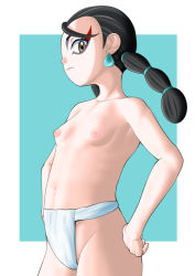  1girl angry aqua_background armpits black_hair border braid breasts brown_eyes clover_(pokemon) collarbone creatures_(company) earrings eyelashes facepaint female_focus fingernails fundoshi game_freak gen_8_pokemon hands_on_own_hips japanese_clothes jewelry legs long_hair looking_at_viewer navel neck nintendo nipples pokemon pokemon_legends:_arceus s.forest shiny_clothes shiny_skin single_bang small_breasts solo thighs topless traditional_clothes twin_braids underwear underwear_only unworn_clothes white_border  rating:Explicit score:41 user:MAKUTAKARZAHNI