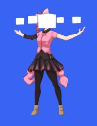  1girl antenna_hair arms_up black_pantyhose black_skirt blue_background boots bow braid breasts brown_footwear collared_dress commentary_request cookie_(touhou) cube dress faceless faceless_female full_body hair_bow highres long_hair pantyhose pink_bow pink_shirt pleated_skirt reiji_(zero) sasorihime_(cookie) shirt short_sleeves side_braid simple_background single_sleeve skirt small_breasts solo 