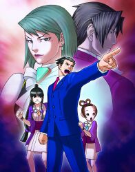  &gt;:( 2boys 3girls :o :| absurdres ace_attorney angry aqua_eyes aqua_hair archived_source ascot back-to-back bead_necklace beads black_eyes black_hair bow bracelet breasts brooch brown_hair business_suit buttons clenched_hand closed_mouth collared_shirt cousins earrings edaki_shin&#039;ya flat_chest formal franziska_von_karma frown gem grey_hair hair_ornament hair_rings half_updo highres japanese_clothes jewelry kimono legs_apart lipstick long_hair long_sleeves looking_down looking_to_the_side low-tied_long_hair magatama makeup maya_fey miles_edgeworth mole mole_under_eye multiple_boys multiple_girls necklace necktie obi official_art open_clothes outline outstretched_arm pants pearl_fey phoenix_wright pocket pointing profile puffy_sleeves sash scan shirt shirt_tug short_hair short_kimono shouting sidelocks small_breasts spiked_hair standing suit surprised swept_bangs topknot v-shaped_eyebrows very_long_hair vest 