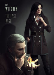  1boy 1girl astor_alexander beard black_hair brown_eyes cigarette contemporary copyright_name cover facial_hair fake_cover film_noir fire geralt_of_rivia hair_over_one_eye hand_in_pocket highres jewelry lips long_coat long_hair magic manly mole mole_under_mouth necklace pendant pyrokinesis realistic scar scar_across_eye scar_on_face smoking the_witcher_(series) the_witcher_3 white_hair yennefer_of_vengerberg  rating:Sensitive score:29 user:danbooru