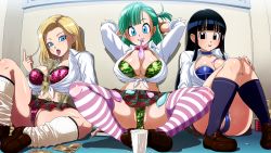  3girls after_fellatio android_18 animal_print armor arms_behind_head bikini bikini_armor black_eyes black_hair blonde_hair blue_choker blue_eyes blue_legwear blunt_bangs bra breasts bulma cameltoe camouflage camouflage_bikini chi-chi_(dragon_ball) choker cleavage collared_shirt condom condom_belt condom_in_mouth cum cum_in_container cup dragon_ball eyeshadow front-tie_top green_hair highres large_breasts leg_warmers leopard_print long_hair long_sleeves looking_at_viewer makeup mary_janes middle_finger money mouth_hold multiple_girls on_floor panties pink_bra pink_choker pink_legwear pink_panties plaid plaid_skirt prostitution raburebo shirt shoes sidelocks sitting skirt socks stray_pubic_hair striped_legwear swimsuit teeth_hold thighhighs tongue tongue_out tucked_money underwear used_condom white_legwear white_shirt  rating:Explicit score:183 user:jojosstand
