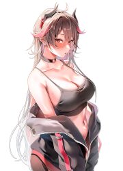  1girl absurdres antenna_hair black_jacket black_tank_top blush breasts brown_hair chestnut_mouth choker cleavage collarbone colored_inner_hair cowboy_shot fifi_(vtuber) gradient_hair highres horns indie_virtual_youtuber jacket jacket_partially_removed large_breasts like_and_retweet long_hair looking_at_viewer machulanko multicolored_hair navel o-ring o-ring_choker red_eyes sidelocks simple_background solo symbol-shaped_pupils tank_top two-tone_hair very_long_hair virtual_youtuber white_background white_hair 