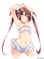  1girl asagumo_(kancolle) bare_arms bare_legs bare_shoulders bikini blush brown_hair closed_mouth collarbone cowboy_shot cropped_legs grey_eyes hair_between_eyes highres kantai_collection long_hair navel revision simple_background smile solo swimsuit takase_muh twintails twitter_username white_background white_bikini 