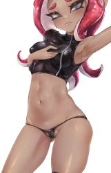 1girl agent_8_(splatoon) arm_up armpits bad_id bad_twitter_id black_panties blush cameltoe cleft_of_venus crop_top cropped_legs dark-skinned_female dark_skin gluteal_fold grey_eyes highres jtveemo light_blush long_hair looking_at_viewer navel nintendo octoling octoling_girl octoling_player_character outstretched_arm panties parted_lips pink_hair shiny_skin single_sleeve smile solo splatoon_(series) splatoon_2 splatoon_2:_octo_expansion squidbeak_splatoon stomach tentacle_hair thigh_gap thong toned underwear rating:Questionable score:83 user:danbooru