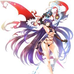 1girl arm_up armpits bikini breasts cleavage closed_mouth eyepatch floating_hair groin gun legs long_hair looking_at_viewer medium_breasts navel purple_hair sacred_sword_princesses shibarikini solo standing swimsuit thighs thong transparent_background very_long_hair water water_gun weapon yidhra 