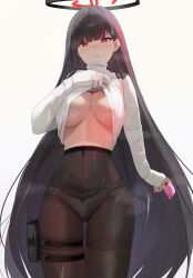 1girl absurdres black_hair black_halo black_pantyhose blue_archive blunt_bangs blush breasts bright_pupils clothes_lift condom condom_wrapper covered_navel hair_ornament hairclip halo highres holding holding_condom large_breasts lifted_by_self long_hair long_sleeves looking_at_viewer no_bra panties panties_under_pantyhose pantyhose red_eyes ribbed_sweater rio_(blue_archive) shakabrah solo standing sweater sweater_lift thigh_strap turtleneck turtleneck_sweater underwear very_long_hair white_panties white_pupils white_sweater 