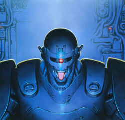  1990s_(style) 1boy :p a.d._police_files armor billy_fanward cable cyberpunk cyborg cyclops highres looking_at_viewer male_focus mecha one-eyed realistic retro_artstyle robot science_fiction solo teeth tongue tongue_out tony_takezaki traditional_media wire you_gonna_get_raped 