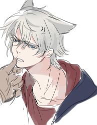  2boys anger_vein angry animal_ears blue_eyes cat_boy cat_ears devil_may_cry devil_may_cry_(series) devil_may_cry_4 highres holding male_focus multiple_boys nero_(devil_may_cry) simple_background white_hair 