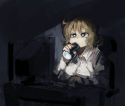  1girl blonde_hair bob_cut breasts can chair collared_shirt commentary computer dark desk dim_lighting drink_can drinking english_commentary long_sleeves medium_breasts monitor mouse_(computer) nichijou office_chair sakurai_izumi shirt short_hair sitting snowii_cat soda_can solo swivel_chair white_shirt 