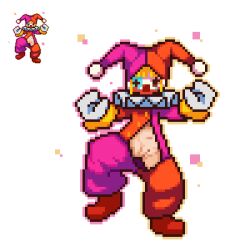  1girl blonde_hair cleft_of_venus clown clown_girl clown_nose collar facepaint frilled_collar frills gloves hat jester_cap loli lowres multicolored_clothes multicolored_hat omunikin open_jumpsuit original outline pixel_art pussy revealing_clothes shoes solo transparent_background 