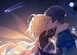  2boys aether_(genshin_impact) ahoge alternate_hairstyle black_gloves blonde_hair blue_cape blue_sky blunt_ends blush brown_shirt buzheng61241 cape closed_eyes elbow_gloves eyeshadow fingerless_gloves french_kiss full_moon genshin_impact gloves gold_ring hair_between_eyes highres hug jewelry kiss leaf long_hair makeup male_focus moon multiple_boys night night_sky no_headwear outdoors purple_hair red_eyeshadow ring scaramouche_(genshin_impact) shirt shooting_star short_hair short_sleeves sky standing star_(sky) starry_sky upper_body wanderer_(genshin_impact) white_cape wings yaoi 