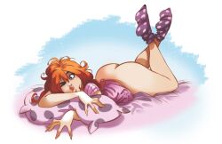  1girl absurdres ass bottomless highres on_bed red_hair shirt socks solo t-shirt trizia_(character) trizia_(pedro_perez)  rating:Questionable score:5 user:PaladinDense308