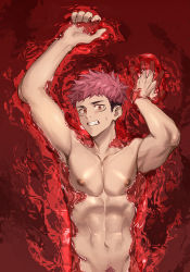  1boy abs armpits arms_up blood brown_hair completely_nude groin itadori_yuuji jujutsu_kaisen male_focus male_pubic_hair mosi_l multicolored_hair navel nipples nude pectorals pink_hair pubic_hair red_eyes red_theme ryoumen_sukuna_(jujutsu_kaisen) short_hair sinking smile solo spiked_hair tagme tattoo toned toned_male topless_male two-tone_hair undercut upper_body  rating:Sensitive score:17 user:danbooru