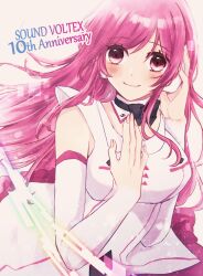  1girl anniversary black_bow bow detached_collar elbow_gloves gloves headset highres kousen124 long_hair looking_at_viewer pink_eyes pink_hair pink_skirt rasis skirt smile solo sound_voltex sound_voltex_ii_infinite_infection 