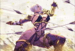  1girl armor breasts choker from_below gloves hair_over_one_eye isabella_valentine large_breasts lipstick makeup rejean_dubois revealing_clothes short_hair solo soul_calibur thighhighs weapon whip_sword white_hair 