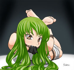 1girl arms_behind_back bare_shoulders barefoot bdsm blush bondage bound c.c. code_geass feet gag gagged gradient_background green_hair hogtie kusujinn long_hair looking_at_viewer lying on_stomach rope shorts soles solo toes very_long_hair yellow_eyes rating:Questionable score:142 user:Klirvoyance