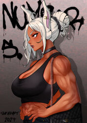  1girl 2024 abs absurdres animal_ears bag bare_shoulders black_choker black_pants black_tank_top boku_no_hero_academia breasts choker cleavage collarbone commentary crop_top dark-skinned_female dark_skin ear_ornament earrings english_commentary from_side hair_bun hands_on_own_hips highres holding holding_bag jewelry large_breasts long_eyelashes long_hair midriff mirko muscular muscular_female navel pants parted_bangs parted_lips rabbit_ears rabbit_girl red_eyes signature single_hair_bun sinpadart solo stud_earrings tank_top upper_body veins veiny_arms white_hair 