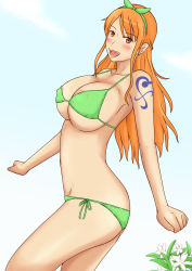  1girl areola_slip bare_shoulders bent_over bikini blush bracelet breasts brown_eyes cleavage covered_erect_nipples curvy female_focus flower highres hip_focus jewelry large_breasts long_hair looking_at_viewer momo_765 nami_(one_piece) one_piece open_mouth orange_hair smile solo swimsuit tattoo teeth thighs tongue wide_hips 