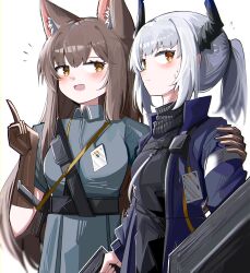  2girls :d absurdres animal_ear_fluff animal_ears arknights black_shirt blue_jacket blush brown_eyes brown_gloves brown_hair closed_mouth collared_shirt dress_shirt elbow_gloves flying_sweatdrops franka_(arknights) gloves grey_hair grey_shirt grey_skirt hair_between_eyes hand_on_another&#039;s_shoulder highres holding horns jacket liskarm_(arknights) long_hair long_sleeves multiple_girls notice_lines open_clothes open_jacket open_mouth pleated_skirt ponytail puffy_long_sleeves puffy_sleeves shirt simple_background skirt sleeves_past_wrists smile spam_(spamham4506) very_long_hair white_background 