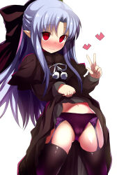  1girl absurdres black_dress black_thighhighs blue_hair blush bow clothes_lift dress dress_lift empty_eyes garter_straps highres len_(tsukihime) lifted_by_self long_hair melty_blood navel panties pointy_ears purple_panties red_eyes ribbon shimejinameko smile solo thighhighs tsukihime underwear v 