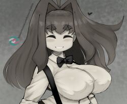  1girl absurdres alternate_breast_size black_bow black_bowtie blush bow bowtie closed_eyes collared_shirt covered_erect_nipples facing_viewer greyscale heart highres monochrome neo_hajime no_nose parted_lips real_life shadow shirt smile solo suspenders sweetest_music takeuchi_mariya upper_body watermark web_address white_shirt  rating:Sensitive score:38 user:danbooru