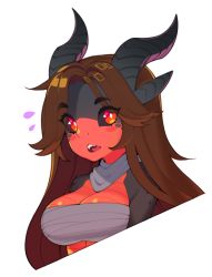  1girl black_sclera black_skin breasts bright_pupils brown_hair cleavage colored_sclera colored_skin commentary commission cropped_torso english_commentary eyes_visible_through_hair fangs furry furry_female halphelt horns long_hair looking_at_viewer multicolored_skin original parted_lips red_eyes red_skin sarashi simple_background solo teeth two-tone_skin upper_teeth_only white_background white_pupils  rating:Sensitive score:22 user:danbooru