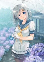  1girl architecture black_pantyhose blue_eyes blue_flower blue_sailor_collar blush breasts commission east_asian_architecture eyes_visible_through_hair flower gloves grey_hair grey_sailor_collar grey_skirt hair_ornament hair_over_one_eye hairclip hamakaze_(kancolle) highres holding holding_umbrella hydrangea kantai_collection large_breasts looking_at_viewer medium_breasts neckerchief outdoors pantyhose pleated_skirt purple_flower rain ryuuga_shou sailor_collar school_uniform serafuku short_hair short_sleeves skeb_commission skirt smile solo transparent transparent_umbrella umbrella water_drop white_gloves yellow_neckerchief 