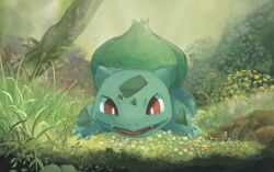  animal_focus bright_pupils bulbasaur claws creatures_(company) flower forest full_body game_freak gen_1_pokemon grass looking_at_viewer nature nintendo no_humans nostrils open_mouth outdoors pokemon pokemon_(creature) purple_flower red_eyes solo volpecorvo white_flower white_pupils yellow_flower 