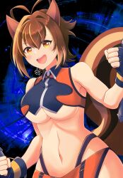  1girl blazblue breasts brown_eyes brown_hair fingerless_gloves gloves highres large_breasts looking_at_viewer makoto_nanaya midriff navel open_mouth skirt smile solo squirrel_girl squirrel_tail tail thong underboob weapon 