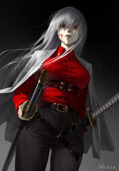  1girl artist_logo belt black_background black_belt black_pants blood blood_on_face breasts buttons collared_shirt commentary commission cowboy_shot gradient_background grey_background hair_between_eyes hashtag-only_commentary hero_killer highres holding holding_sword holding_weapon ihwa_(hero_killer) jacket large_breasts long_hair looking_at_viewer m_alexa open_clothes open_jacket pants parted_lips red_eyes red_shirt scabbard shade sheath sheathed shirt signature solo sword underbust weapon white_hair white_jacket 