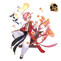  1boy absurdres aqua_eyes bandage_on_face bandages bandaid bandaid_on_face bird eurasian_magpie highres holding holding_string japanese_clothes jewelry lantern leaf magpie mahjong_soul male_focus maple_leaf necklace official_art paper_lantern pink_hair qi_xi shine_cheese simple_background sitting smile solo string tachi-e tree white_background 
