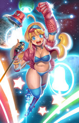  1girl arm_up blonde_hair blue_eyes blush breasts cleavage gloves hoshino_nozomi inline_skates long_hair looking_at_viewer microphone navel obui open_clothes open_mouth planet roller_skates skates smile solo space star_(symbol) thighhighs trillion_starlights  rating:Sensitive score:34 user:danbooru
