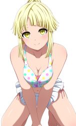  1girl bang_dream! bare_arms bare_legs bare_shoulders barefoot bikini bikini_skirt blonde_hair blush breasts breasts_squeezed_together cleavage closed_mouth collarbone commentary_request diagonal_bangs feet_out_of_frame frilled_bikini frills halterneck high_ponytail highres kneeling leaning_forward long_hair looking_at_viewer medium_breasts navel noshimurin official_alternate_costume official_alternate_hairstyle polka_dot polka_dot_bikini ponytail side-tie_bikini_bottom simple_background smile solo stomach swimsuit tsurumaki_kokoro v_arms white_background white_bikini yellow_eyes 