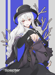 1girl arknights black_dress black_gloves black_hat braid character_name coral cowboy_shot dress gloves hair_between_eyes hand_up hat highres long_hair long_sleeves official_alternate_costume open_mouth poaro red_eyes simple_background solo specter_(arknights) specter_(undercurrent)_(arknights) teeth twitter_username upper_teeth_only very_long_hair white_hair