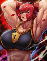  1girl armpits arms_behind_head arms_up breasts capcom female_focus huge_breasts jewelry kyopink lipstick makeup marisa_(street_fighter) muscular muscular_female necklace orange_eyes petals red_hair rose_petals short_hair solo sports_bra street_fighter street_fighter_6 sweat 