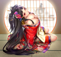 1girl bare_shoulders black_hair blush breasts cleavage collarbone commentary floral_print hair_ornament hair_stick indoors japanese_clothes kimono kiseru large_breasts long_hair looking_at_viewer masami_chie official_art oiran original parted_lips red_eyes sitting smoking_pipe solo tokyo_exe_girls rating:Sensitive score:58 user:danbooru