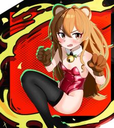  aisaka_taiga animal_ears animal_hands bell black_thighhighs breasts brown_eyes brown_hair detached_collar feet_out_of_frame gloves haidao_mao hair_between_eyes highres jingle_bell leotard long_hair neck_bell nontraditional_playboy_bunny paw_gloves red_leotard small_breasts strapless strapless_leotard thighhighs tiger_ears toradora! 
