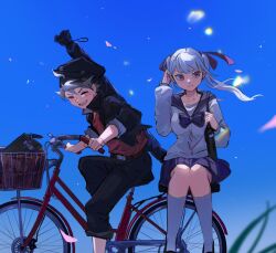  1boy 1girl artist_name asta_(black_clover) bicycle black_clover hair_ribbon hetero noelle_silva ribbon riding riding_bicycle school_uniform source_request twintails  rating:General score:4 user:naluotp