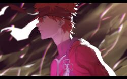  1boy bad_id bad_pixiv_id bandana blurry chinese_knot closed_mouth depth_of_field emiya_shirou emiya_shirou_(prisma_illya) fate/kaleid_liner_prisma_illya fate_(series) from_side highres looking_ahead male_focus official_alternate_costume red_bandana red_hair ryein short_hair solo standing upper_body 