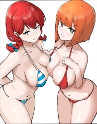  2girls alternate_breast_size asymmetrical_docking bikini blue_bikini blue_bow blue_eyes bob_cut bow braid breast_press breasts closed_mouth collar collarbone commentary freckles hair_bow highres large_breasts looking_at_viewer mcdonald&#039;s mother_(yoru_mac) multiple_girls navel niceratus_kiotensis orange_hair product_girl red_bikini red_hair simple_background smile striped_bikini striped_clothes swimsuit thighs twin_braids twintails wendy&#039;s wendy_(wendy&#039;s) white_background yoru_mac  rating:Sensitive score:100 user:danbooru