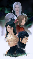  2girls 3boys aerith_gainsborough armor bare_shoulders black_coat black_hair blonde_hair blue_eyes braid braided_ponytail closed_eyes closed_mouth cloud_strife coat copyright_name cropped_torso earrings final_fantasy final_fantasy_vii final_fantasy_vii_rebirth final_fantasy_vii_remake from_side green_eyes grey_hair hair_ribbon hair_slicked_back hashtag-only_commentary highres jacket jewelry light_particles lips long_bangs long_hair looking_at_viewer looking_to_the_side lunwuqu multiple_boys multiple_girls parted_bangs parted_lips pink_ribbon red_eyes red_jacket ribbed_sweater ribbon sephiroth short_hair shoulder_armor sidelocks single_bare_shoulder single_earring sleeveless sleeveless_turtleneck smile spiked_hair stud_earrings sweater swept_bangs tank_top teardrop_earrings tifa_lockhart turtleneck turtleneck_sweater upper_body white_tank_top zack_fair 