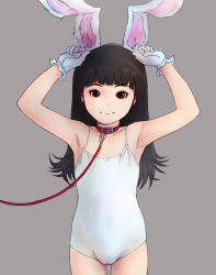 1girl animal_ears armpits arms_up bare_shoulders black_hair cameltoe cleft_of_venus closed_mouth collar collarbone cowboy_shot fake_animal_ears female_focus flat_chest gekkou_(geccomajin) gloves leash leotard loli long_hair looking_at_viewer one-piece_swimsuit original playboy_bunny rabbit_ears red_eyes simple_background smile solo standing swimsuit rating:Questionable score:141 user:Domestic_Importer