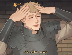 1boy absurdres ah_eto..._bleh_(meme) armor blonde_hair brick_wall closed_eyes closed_mouth commentary dungeon_meshi english_commentary hand_on_own_head highres laios_touden male_focus meme romaji_text short_hair solo star_(symbol) tongue tongue_out twitter_username upper_body yanm0ri