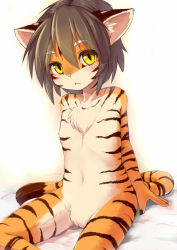  1girl animal_ears artist_request blush brown_hair cat_ears chest_tuft completely_nude animal_ear_fluff featureless_crotch female_focus flat_chest frown furry loli looking_at_viewer navel nude orange_fur shiitakemeshi sitting slit_pupils soles solo tail tiger tiger_stripes two-tone_fur whiskers yellow_eyes  rating:Questionable score:63 user:Len