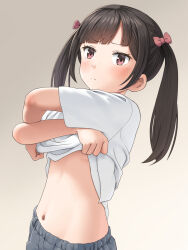  1girl blush bow breasts closed_mouth clothes_lift commentary_request gradient_background grey_background hair_bow highres lifting_own_clothes loli looking_at_viewer meow_(nekodenki) navel original red_bow red_eyes shirt shirt_lift short_sleeves small_breasts solo stomach twintails undressing white_shirt  rating:Questionable score:51 user:danbooru