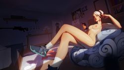  1girl absurdres blue_eyes bottomless breasts female_focus highres jett_(valorant) medium_breasts navel nipples solo topless valorant white_hair  rating:Explicit score:49 user:hnti_addict
