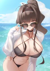  1girl absurdres alternate_costume alternate_hairstyle antenna_hair bikini black_bikini black_hairband breasts cleavage cloud cloudy_sky collared_shirt dsr-50_(girls&#039;_frontline) earrings girls&#039;_frontline green_pupils hairband highres jewelry large_breasts long_hair looking_at_viewer navel ocean open_clothes open_shirt red_eyes shirt showmoo sky smile solo sunglasses swimsuit water white_shirt 