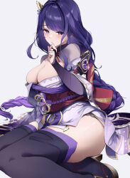  1girl blunt_bangs blush braid breasts center_opening cleavage closed_mouth genshin_impact hair_ornament hair_ribbon hand_on_own_chin highres japanese_clothes large_breasts long_hair looking_at_viewer lying mitsudomoe_(shape) mole mole_under_eye on_side purple_background purple_eyes purple_hair raiden_shogun ribbon simple_background single_braid solo thick_thighs thighs tol10131 tomoe_(symbol) 
